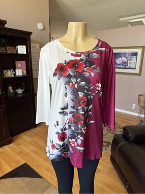 Boutique colorblock red, black & white floral silky blouse-size L